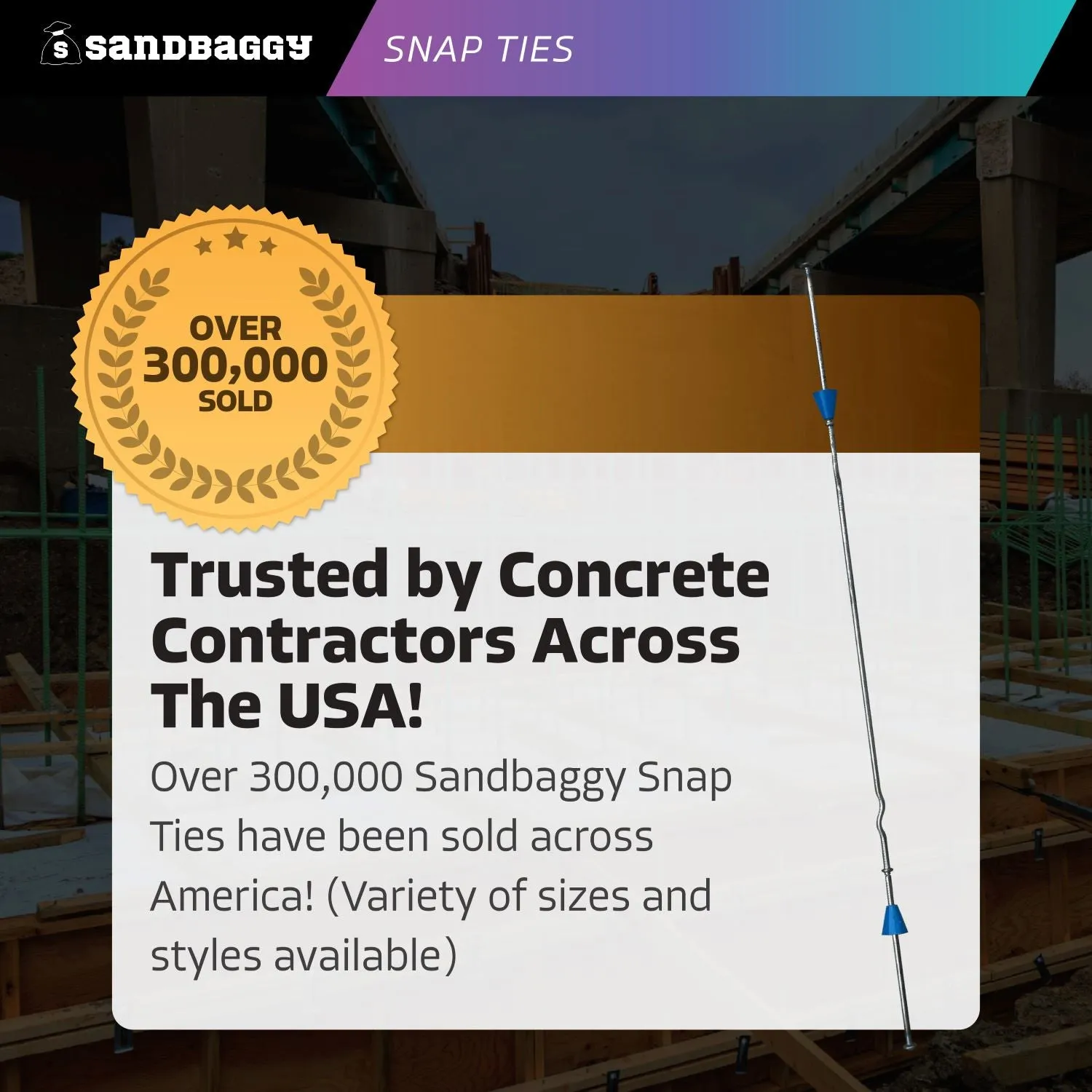 18" x 4 ¾" Standard Snap Ties For Concrete Forms (Short End) - 1" Plastic Cones