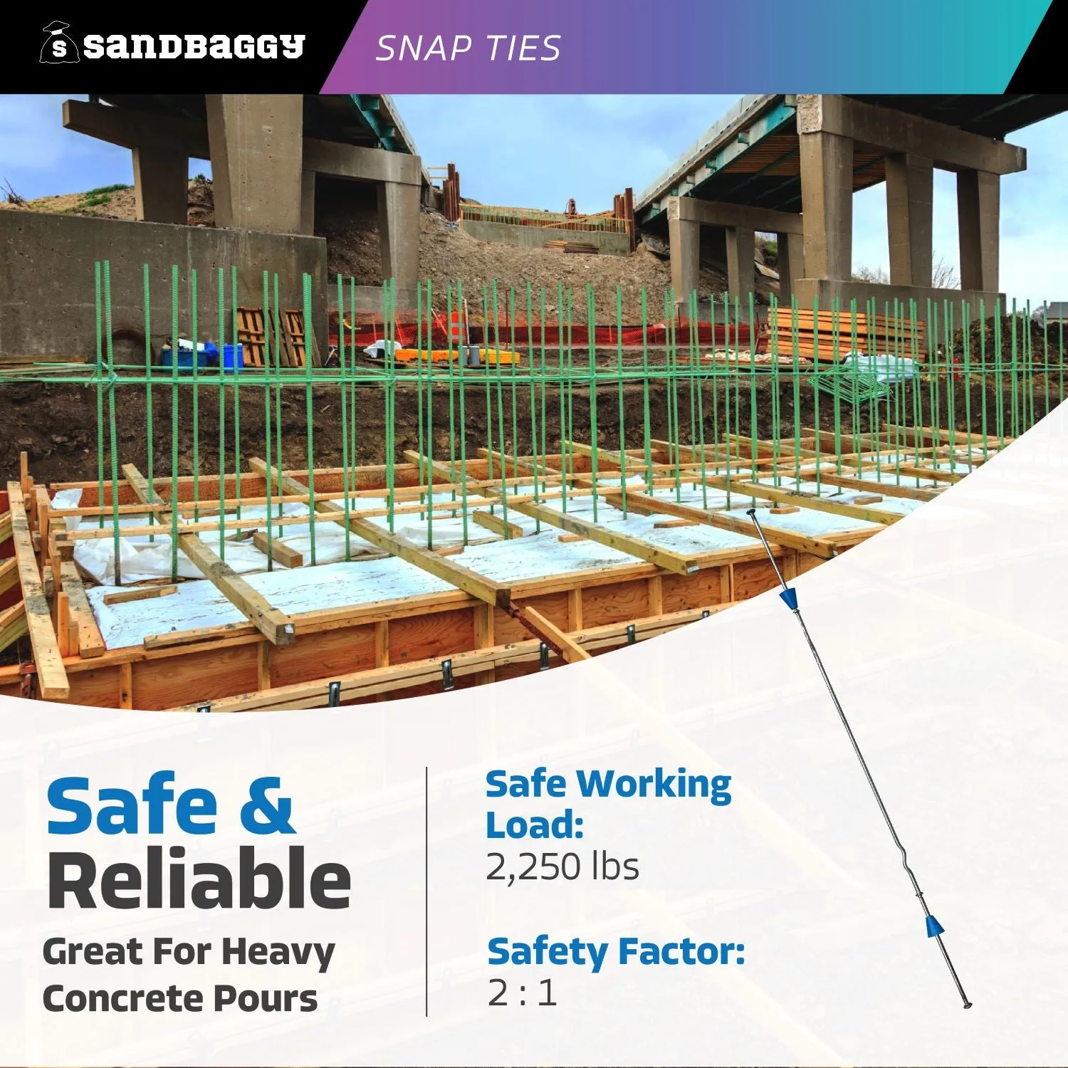 18" x 4 ¾" Standard Snap Ties For Concrete Forms (Short End) - 1" Plastic Cones