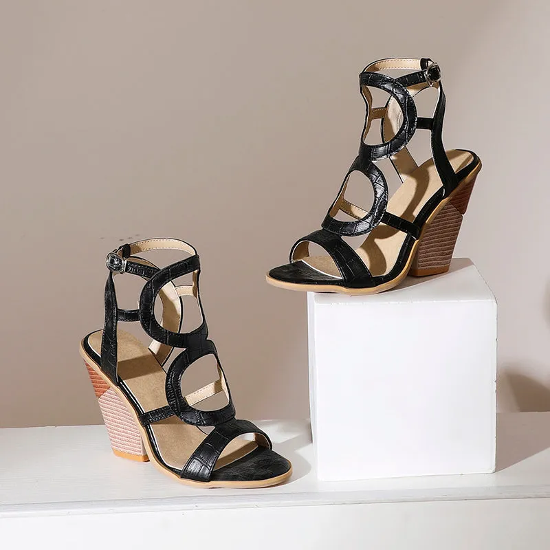 Bigsizeheels Sexy Chunky Heel Buckle Peep Toe Mules - Black