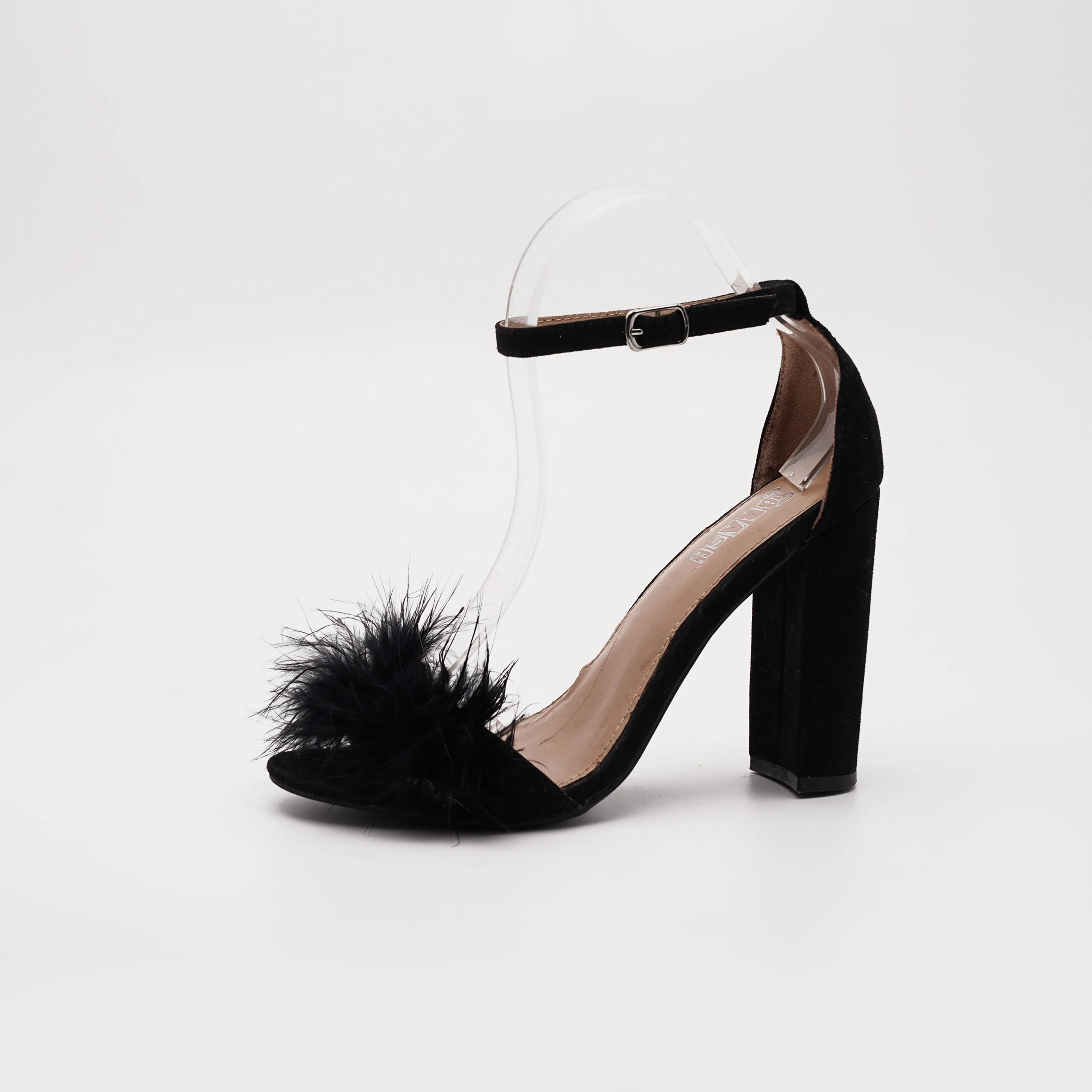 European Pom Pom Ankle Strap Block Heel