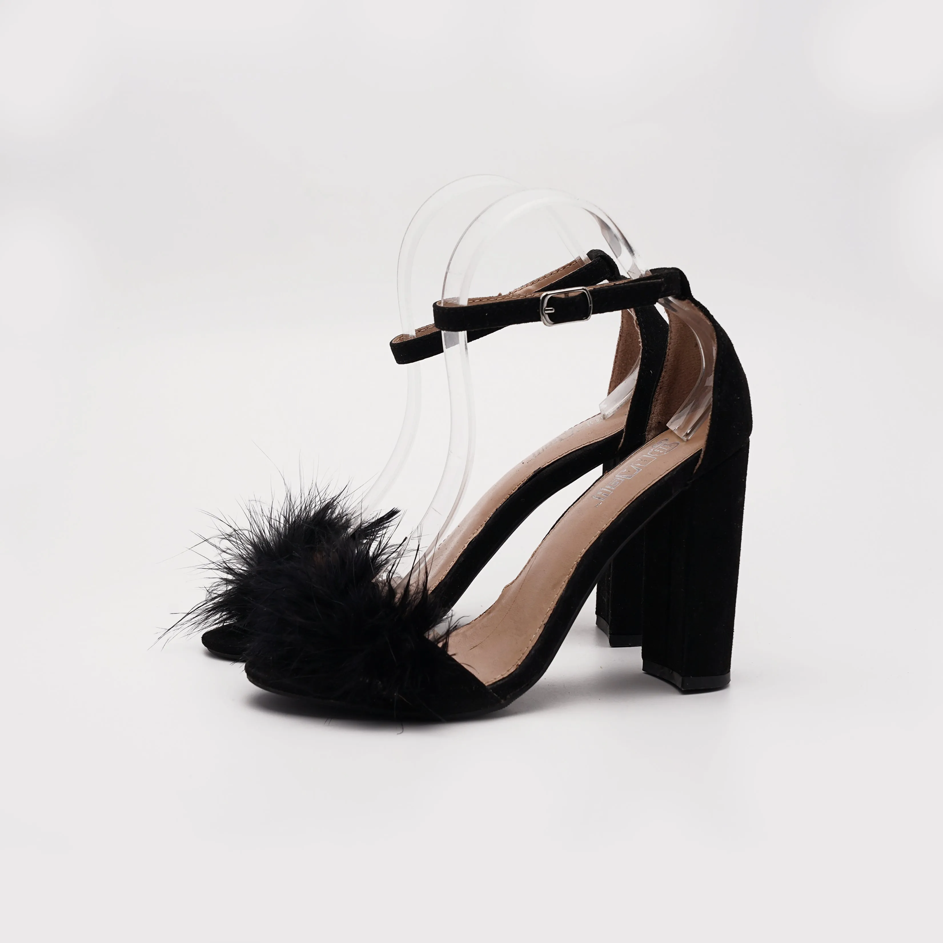 European Pom Pom Ankle Strap Block Heel