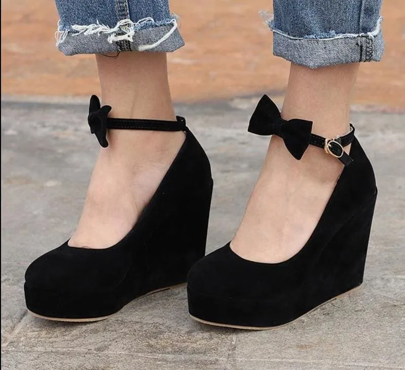 Female Flock Platform Buckle Ankle Strap Bowtie Shoes
