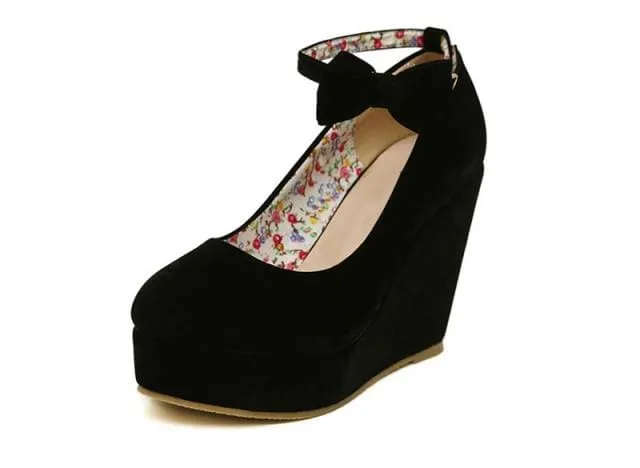 Female Flock Platform Buckle Ankle Strap Bowtie Shoes