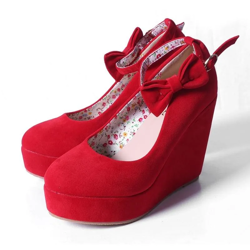 Female Flock Platform Buckle Ankle Strap Bowtie Shoes