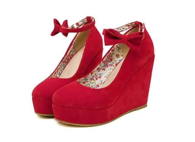 Female Flock Platform Buckle Ankle Strap Bowtie Shoes