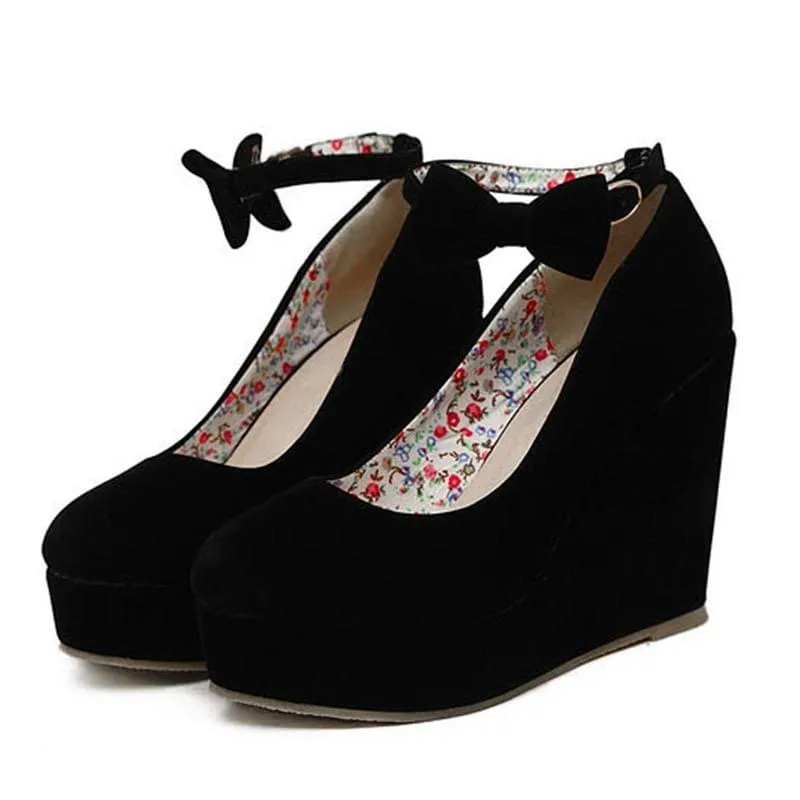 Female Flock Platform Buckle Ankle Strap Bowtie Shoes