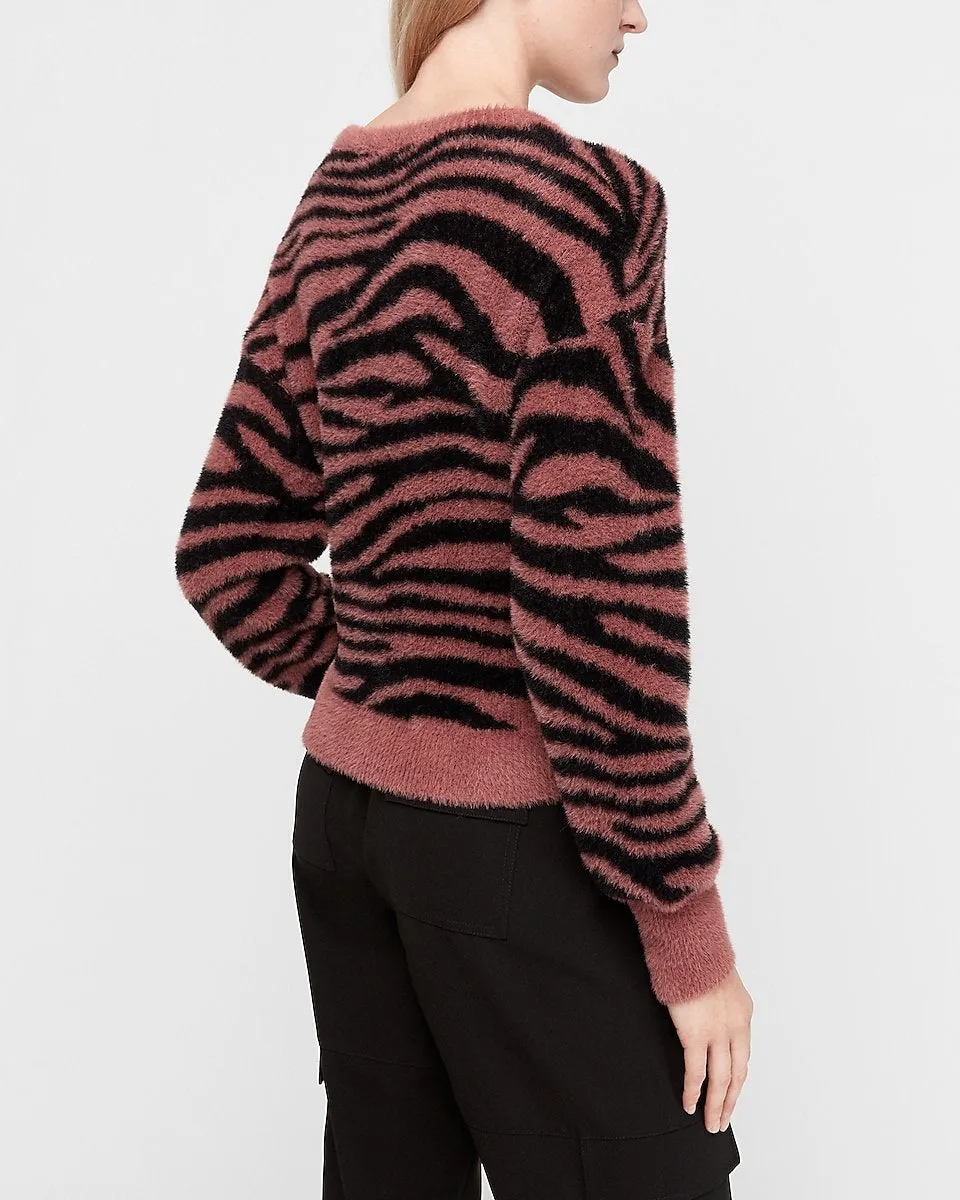 Fuzzy Animal Print Balloon Sleeve Sweater in Pink Print