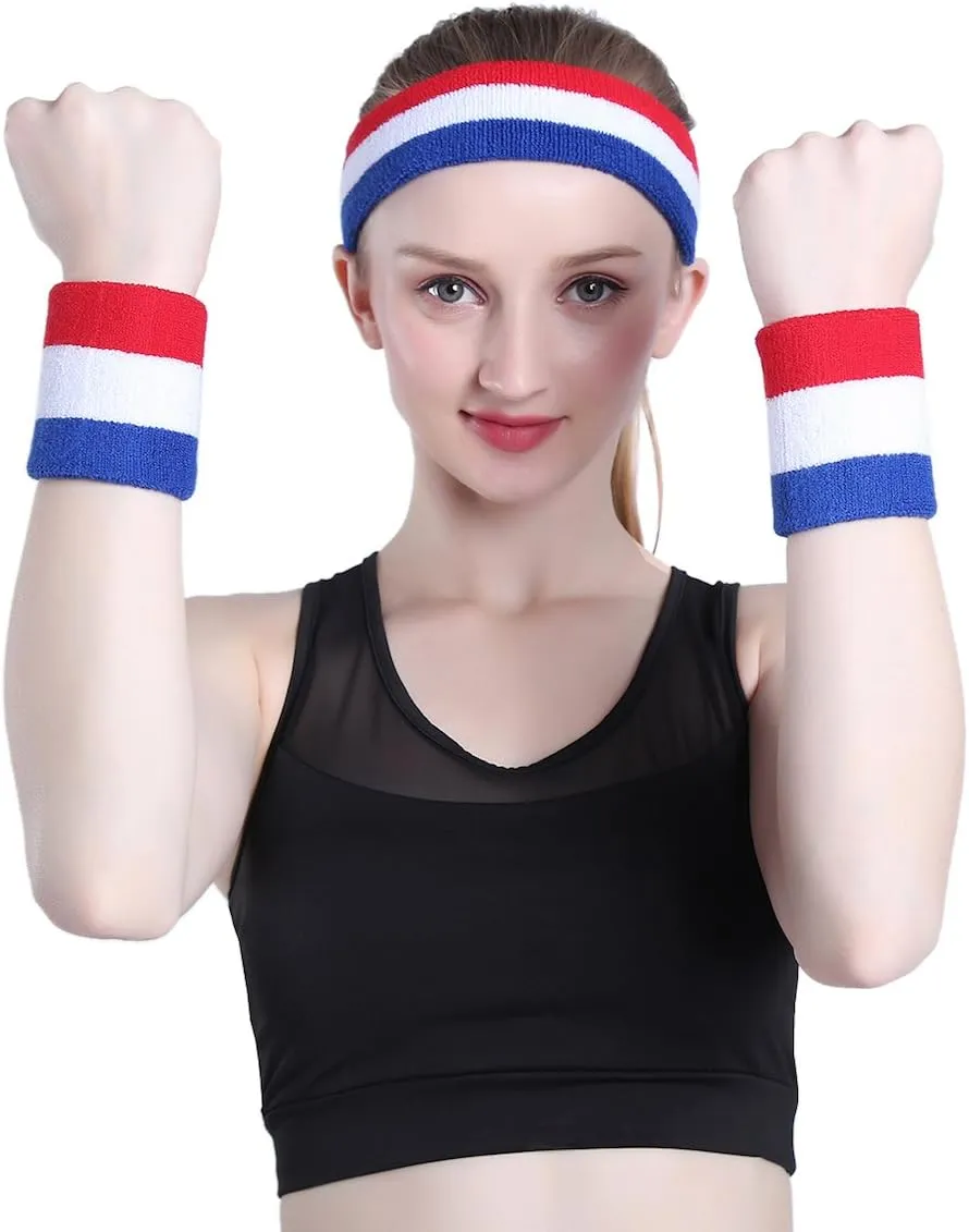 ONUPGO 5 Pieces Sweatbands Striped Socks Set Sports Headband Wristbands High Tube Socks 80s Accessories Costumes