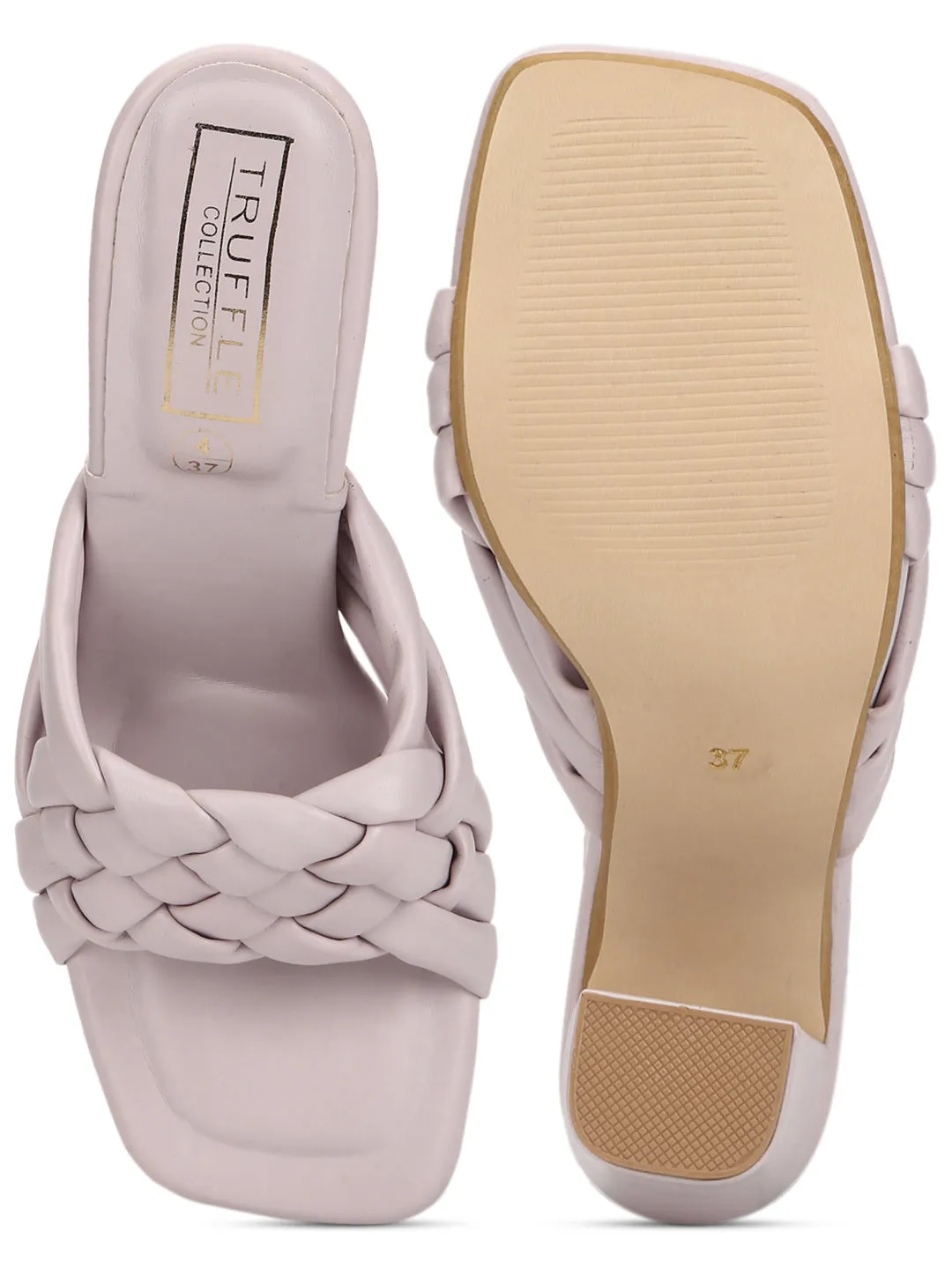 Pink PU Braided Block Heel Mules
