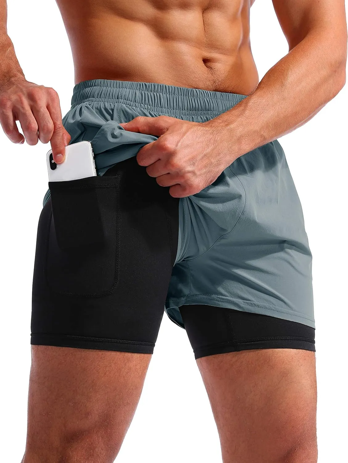 Pudolla Men??s 2 in 1 Running Shorts 5"/7" Quick Dry Gym Athletic Workout Shorts for Men with Phone Pockets