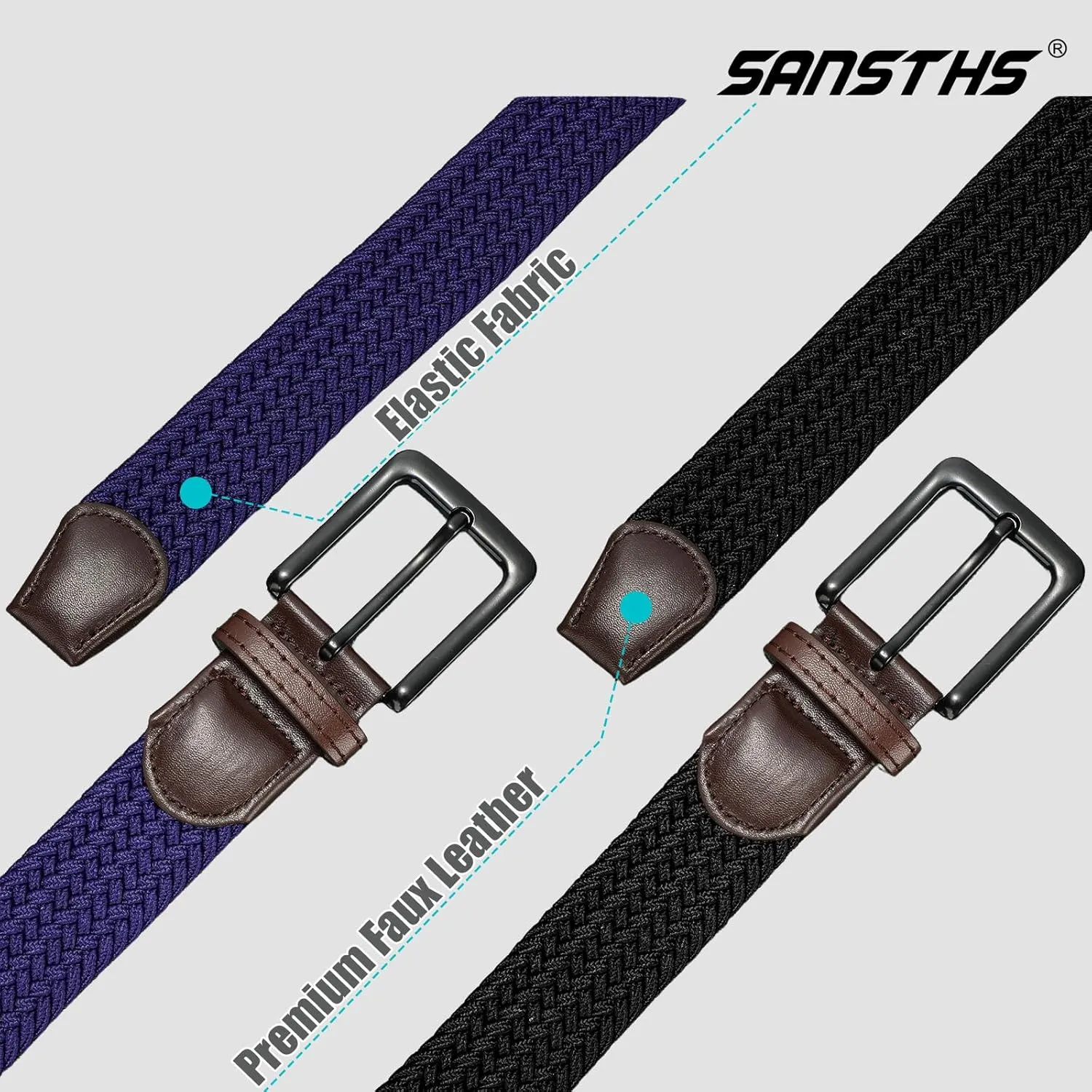 SANSTHS 2Pack Elastic Belt for Men, Mens Belts Casual for Jeans Pants, Woven Braided Web Belt for Golf, 1.3 inches Width