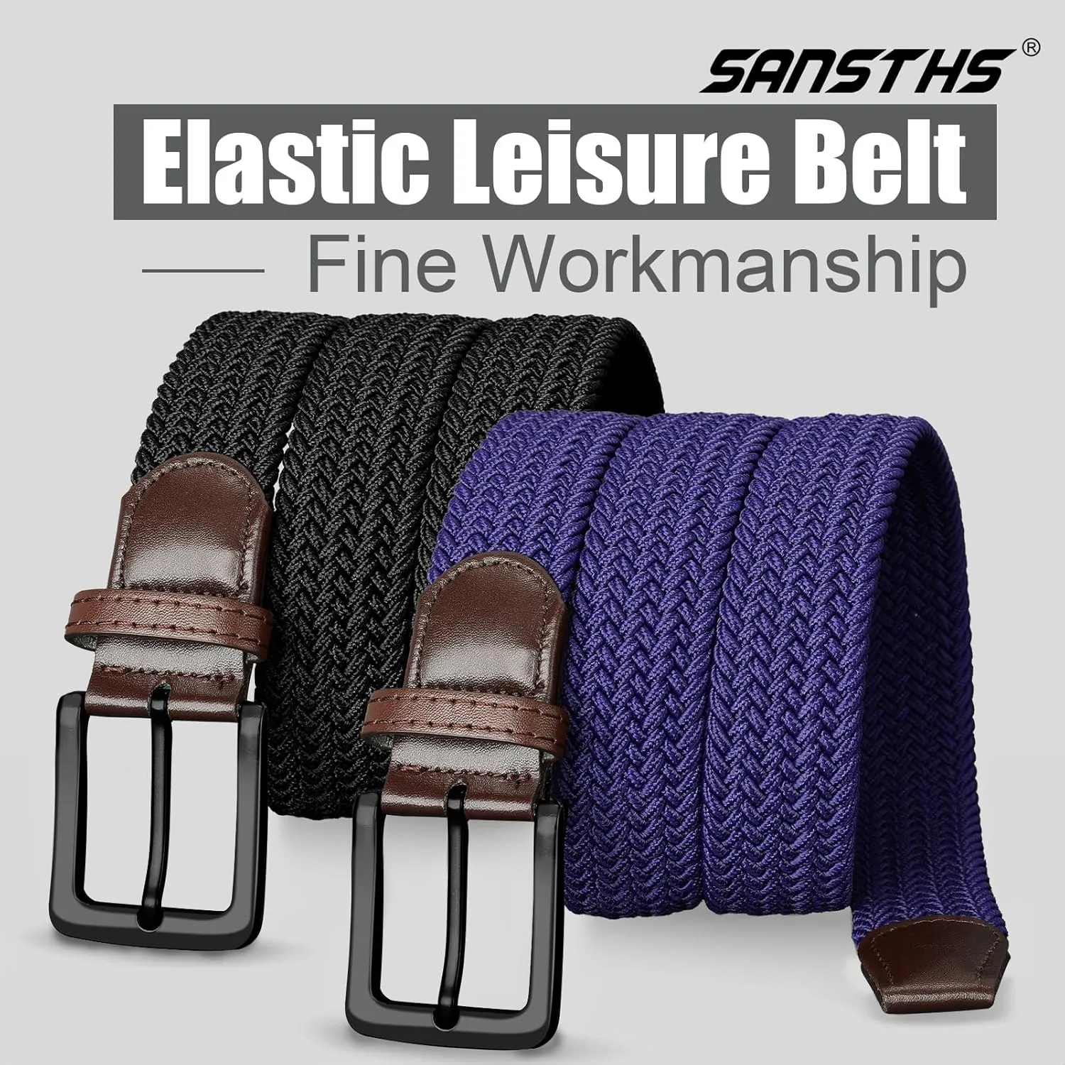 SANSTHS 2Pack Elastic Belt for Men, Mens Belts Casual for Jeans Pants, Woven Braided Web Belt for Golf, 1.3 inches Width