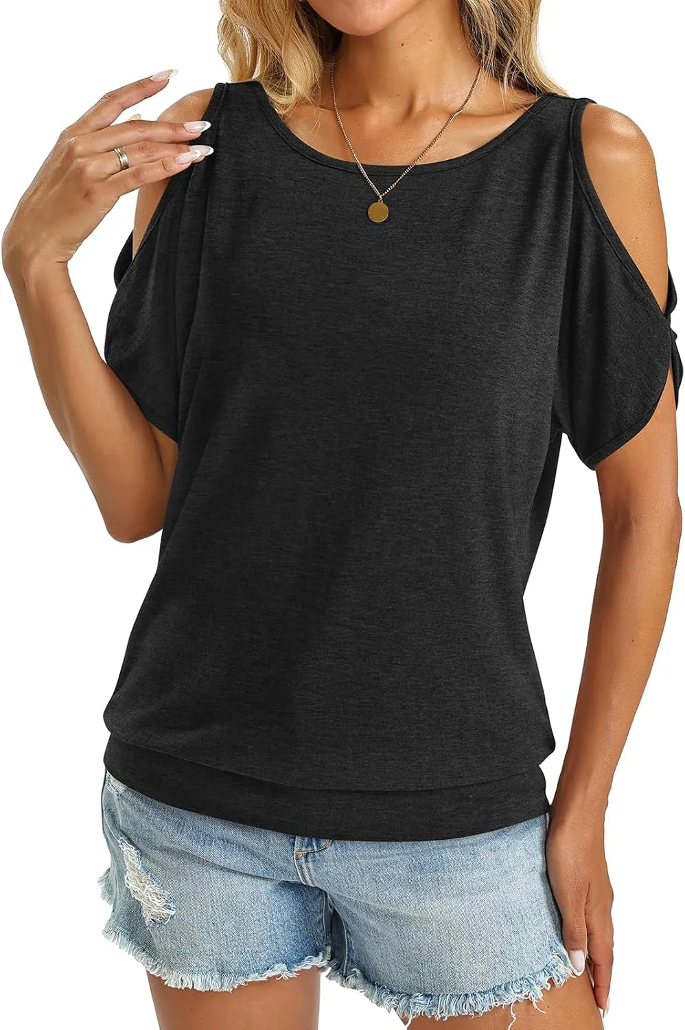 Womens Cold Shoulder Tops Banded Bottom Boat Neck T Shirts Summer Sexy Casual Loose Fit Blouse 2025