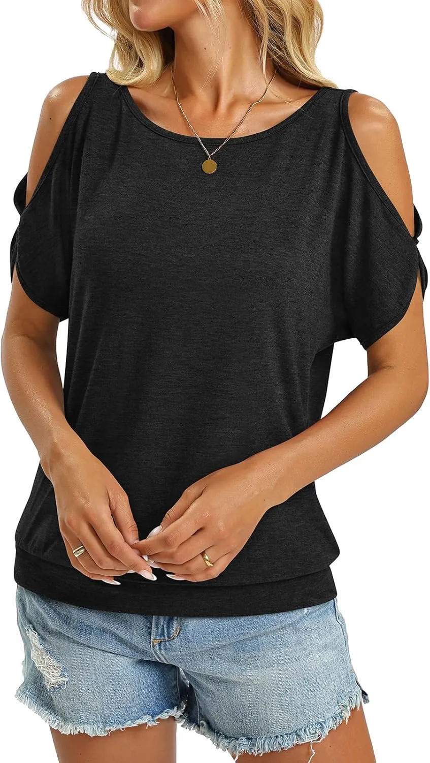 Womens Cold Shoulder Tops Banded Bottom Boat Neck T Shirts Summer Sexy Casual Loose Fit Blouse 2025